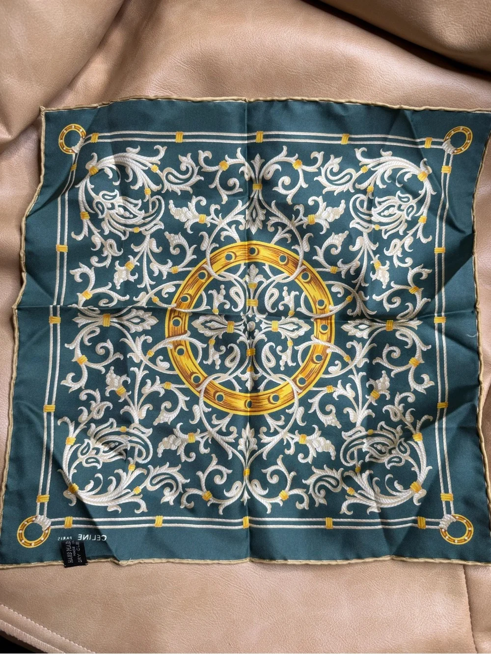 Celine Paris Silk Scarf - Deep Green with Gold